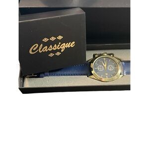 Classique mens womans watch Silver tone stainless steel blue leather band‎ New